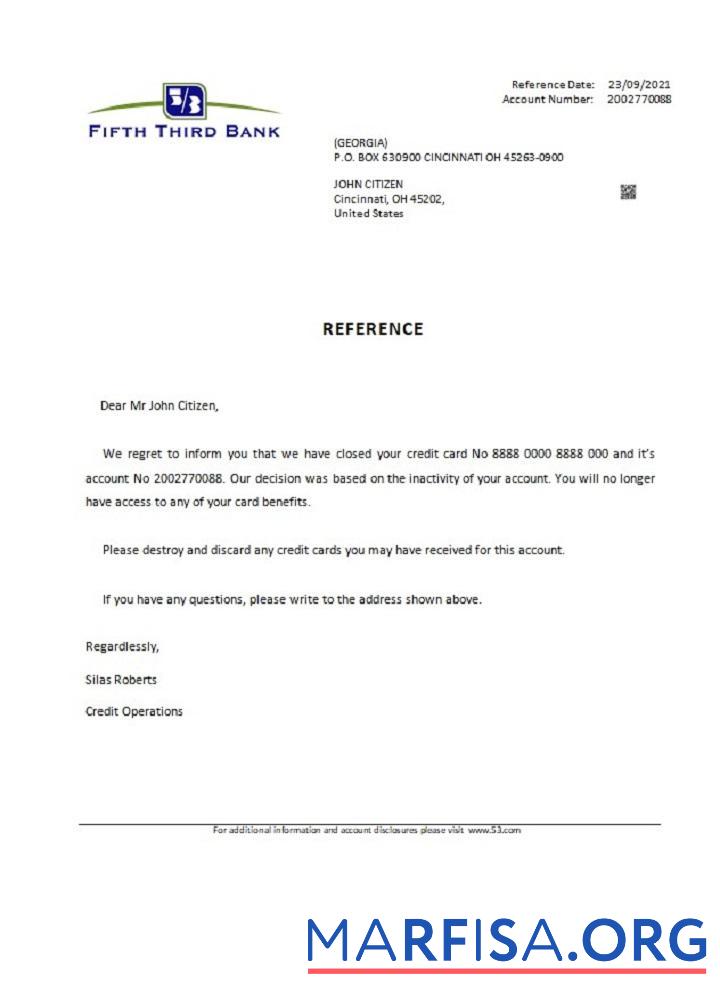 Downloadable USA Fifth Third Bank closure reference sample